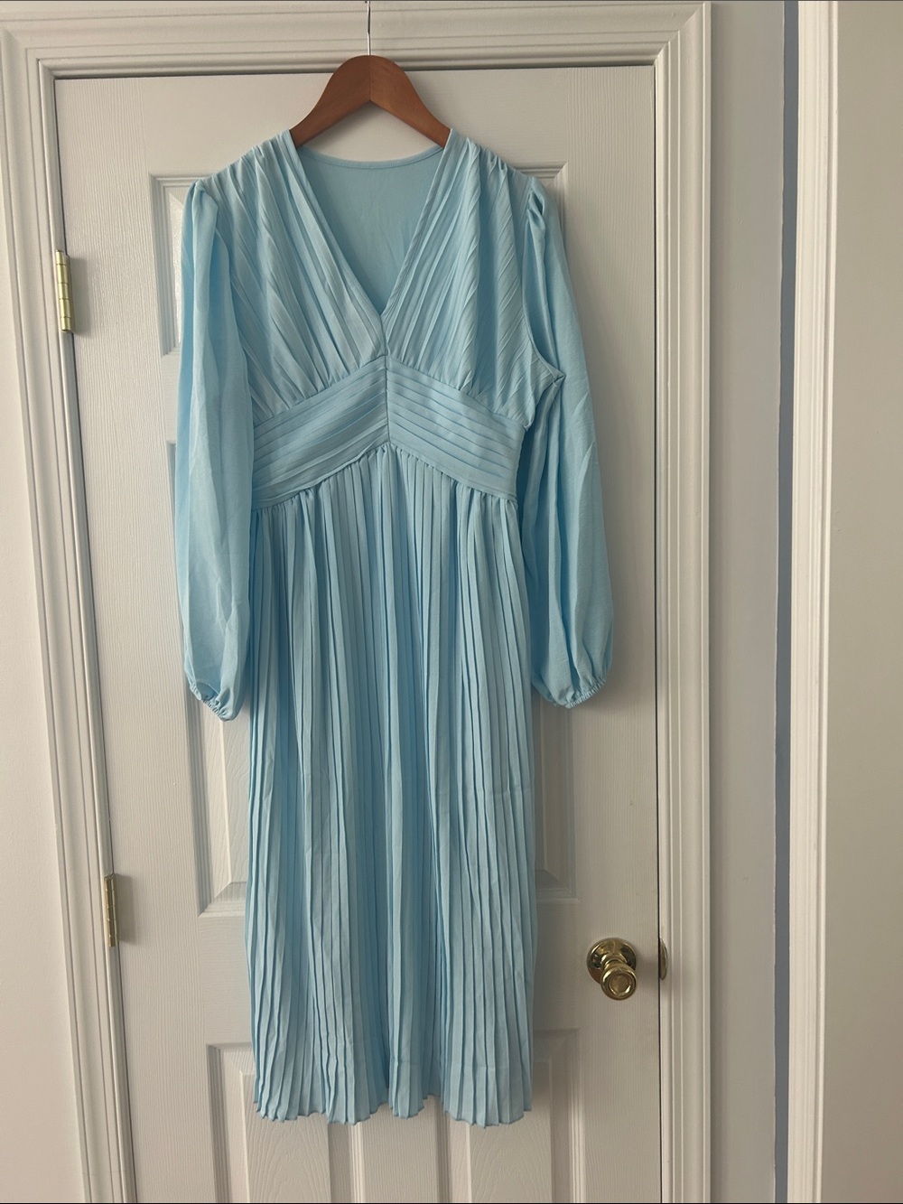 Light Blue Pleated V-Neck Midi Dress